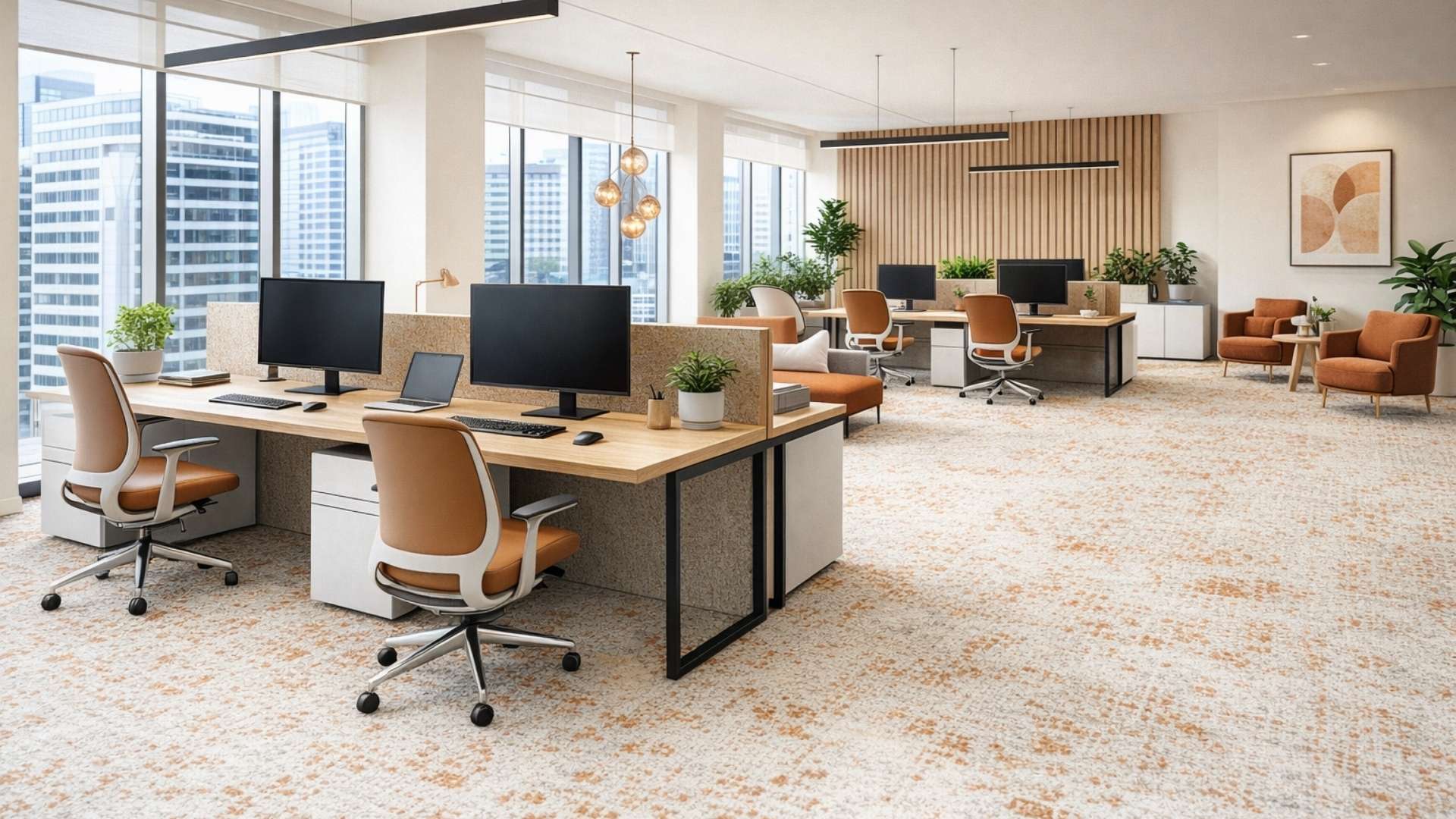Contemporary open-plan office with patterned carpet tiles, warm wood furniture, and large windows bringing in natural light.