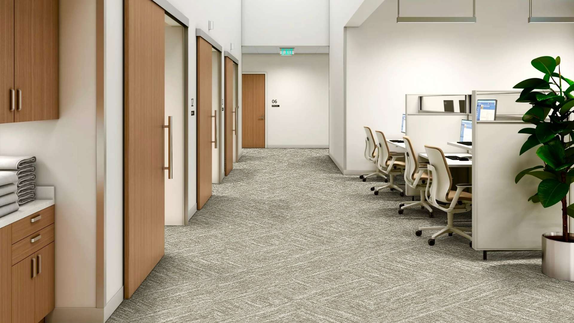 Modern office corridor with neutral-toned carpet tiles, wood doors, and built-in cabinetry creating a clean and professional workspace.